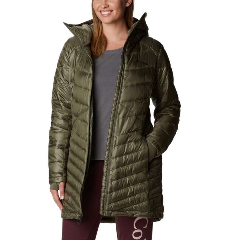 Green Women's Columbia Joy Peak Mid Insulated Hooded Puffer Jacket | GXBQT-6043