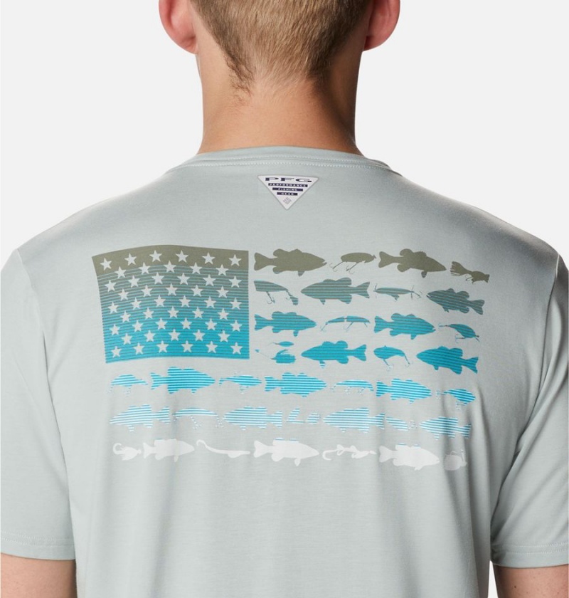 Grey Men's Columbia PFG Fish Flag Tech Short Sleeve T-Shirt | WCKFA-9081