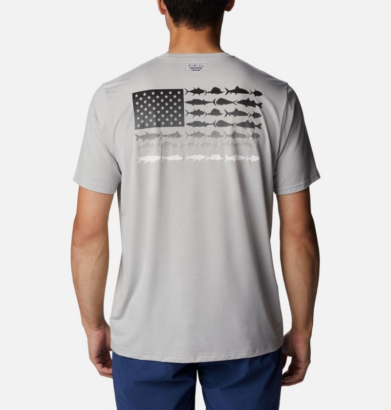 Grey Men's Columbia PFG Fish Flag Tech Short Sleeve T-Shirt | VPDCN-1284