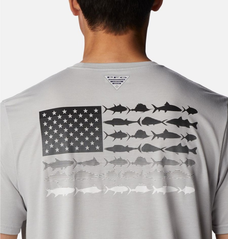 Grey Men's Columbia PFG Fish Flag Tech Short Sleeve T-Shirt | VPDCN-1284