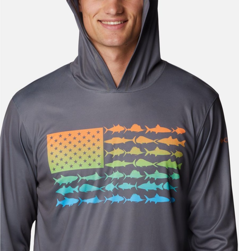 Grey Men's Columbia PFG Terminal Tackle Fish Flag Hoodie | TISAX-7485