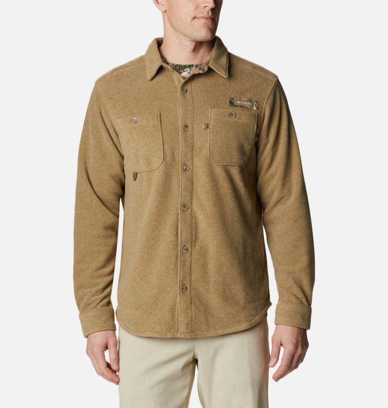 Khaki Men's Columbia PHG Bucktail Fleece Over Shirt | MIQFL-8631