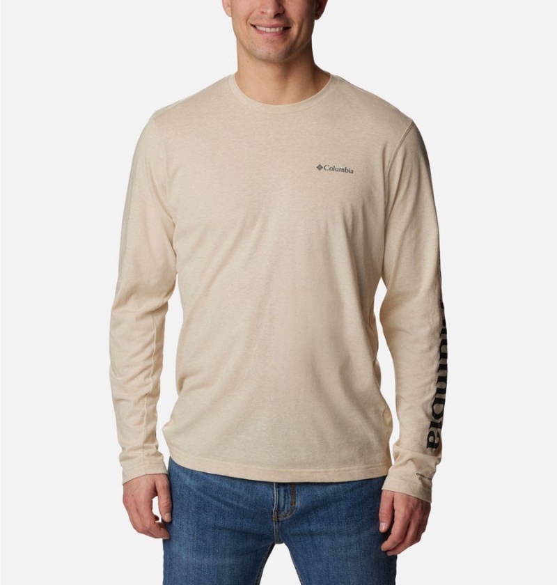 Khaki Men\'s Columbia Thistletown Hills Long Sleeve Logo T-Shirt | OWDMB-8490