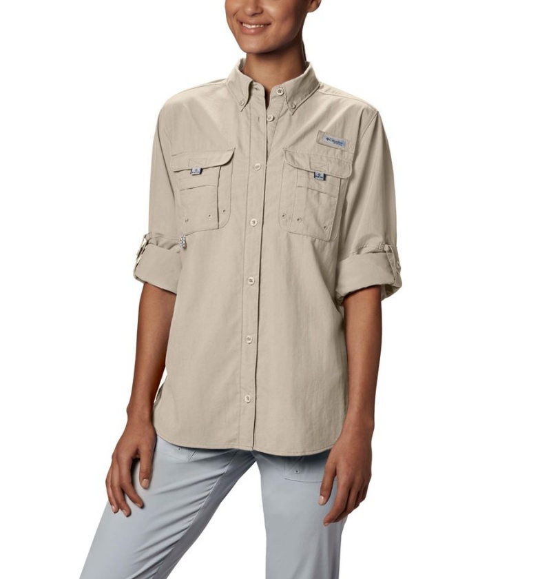 Khaki Women's Columbia PFG Bahama Long Sleeve Shirt | KJFDC-4302