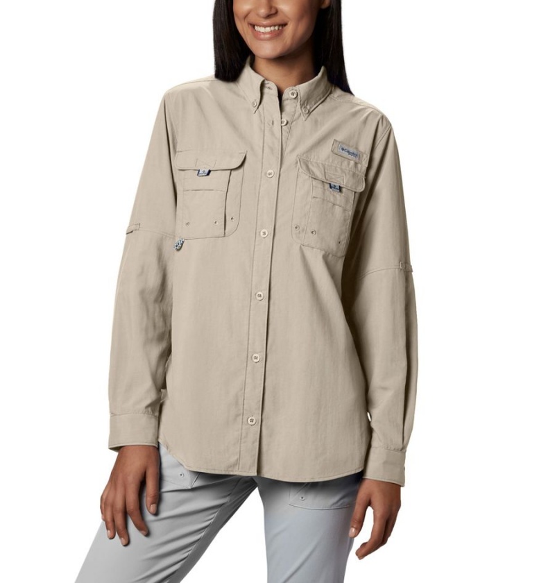 Khaki Women\'s Columbia PFG Bahama Long Sleeve Shirt | KJFDC-4302