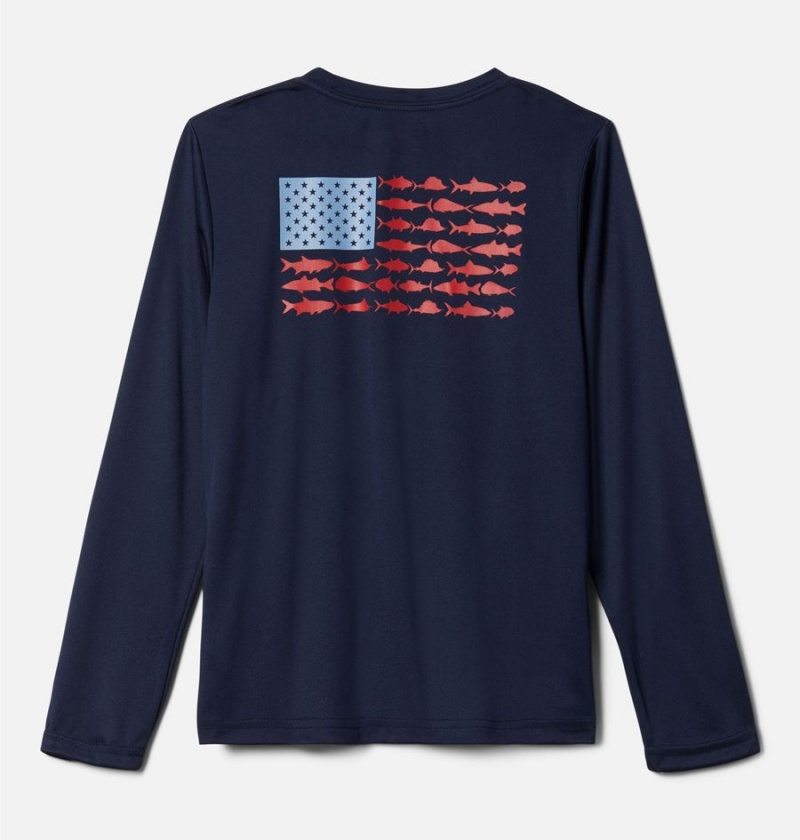 Navy Kids' Columbia PFG Terminal Tackle Fish Flag Long Sleeve T-Shirt | ZXDIU-5670