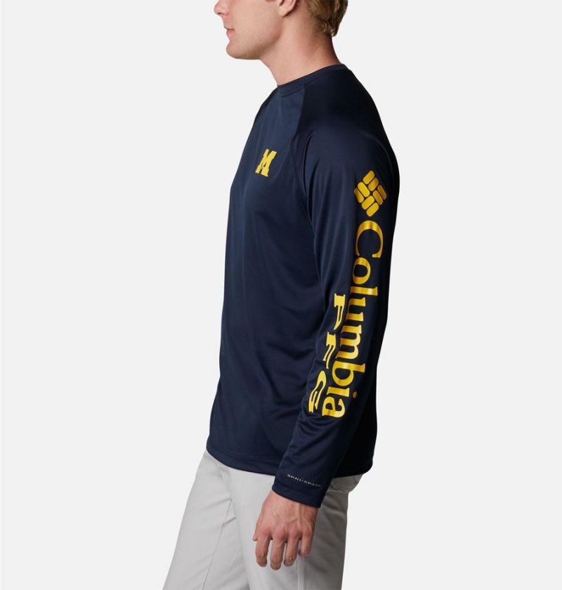 Navy Men's Columbia Collegiate PFG Terminal Tackle Long Sleeve - Michigan T-Shirt | FMNUW-4301