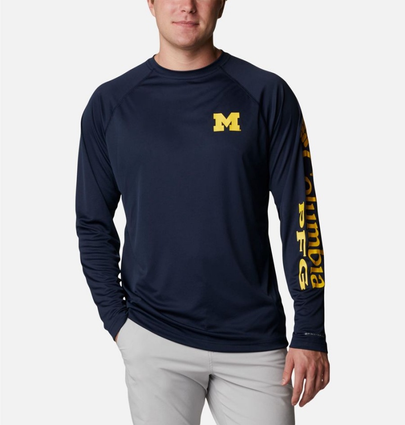 Navy Men\'s Columbia Collegiate PFG Terminal Tackle Long Sleeve - Michigan T-Shirt | FMNUW-4301