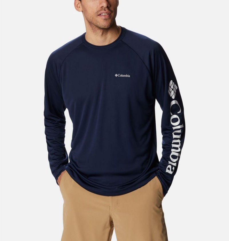 Navy Men's Columbia Fork Stream Long Sleeve T-Shirt | CMOIY-5974