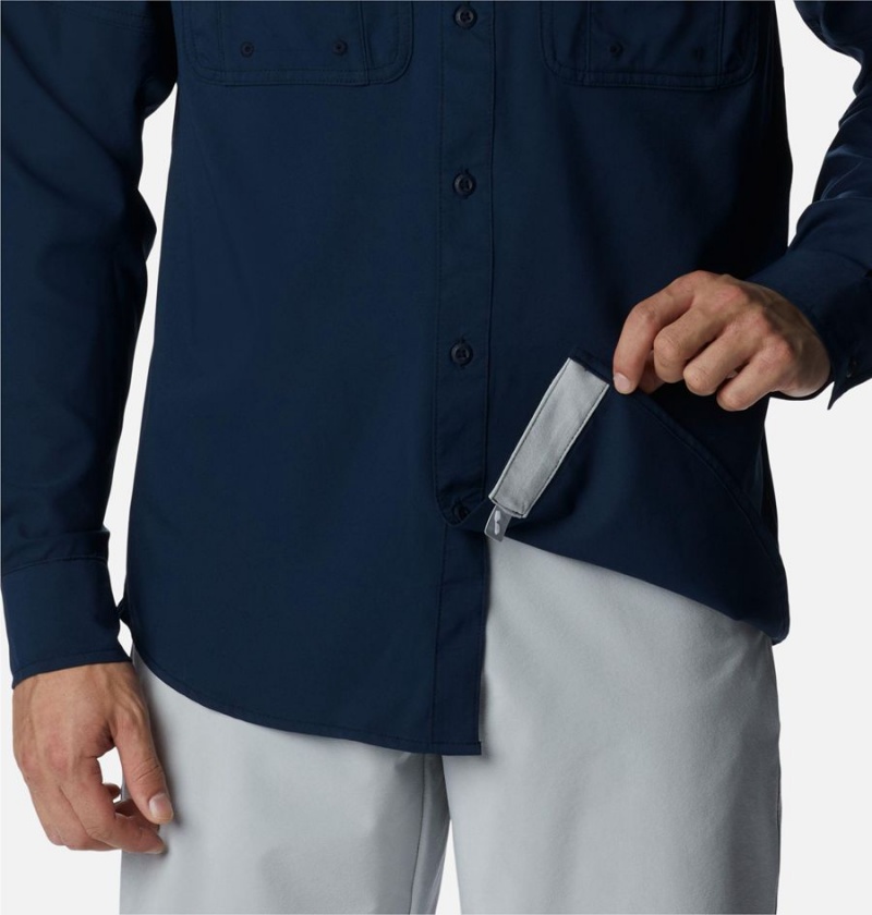 Navy Men's Columbia PFG Drift Guide Woven Long Sleeve Shirt | POHEQ-5308