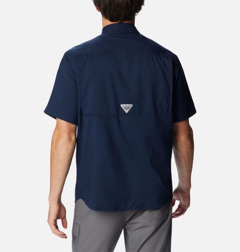 Navy Men's Columbia PFG Drift Guide Woven Short Sleeve Shirt | XBMKO-3762