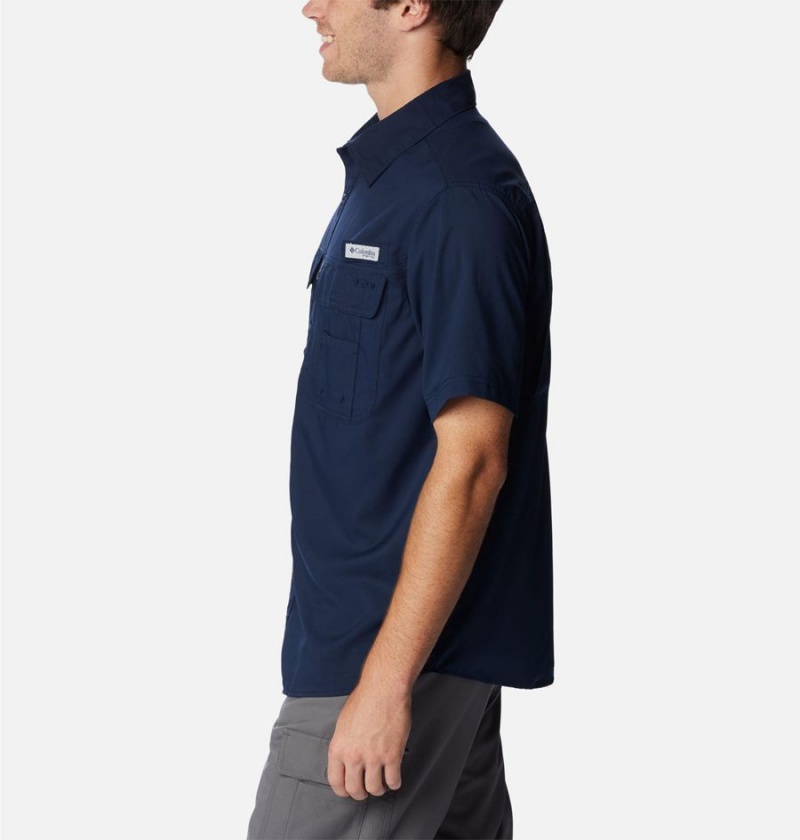 Navy Men's Columbia PFG Drift Guide Woven Short Sleeve Shirt | XBMKO-3762