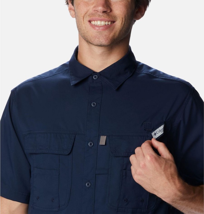 Navy Men's Columbia PFG Drift Guide Woven Short Sleeve Shirt | XBMKO-3762