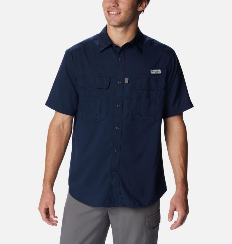 Navy Men\'s Columbia PFG Drift Guide Woven Short Sleeve Shirt | XBMKO-3762