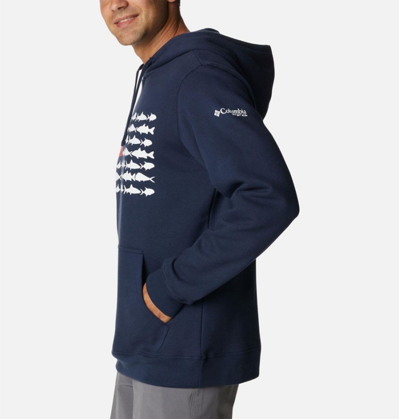 Navy Men's Columbia PFG Fish Flag II Hoodie | CSWNU-5271