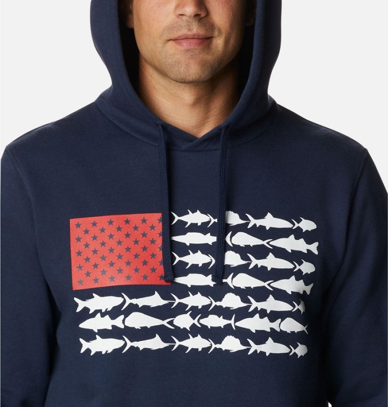 Navy Men's Columbia PFG Fish Flag II Hoodie | CSWNU-5271