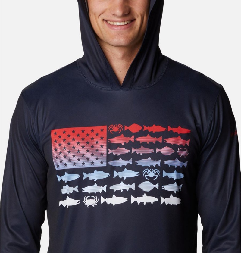 Navy Men's Columbia PFG Terminal Tackle Fish Flag Hoodie | OHANG-7104