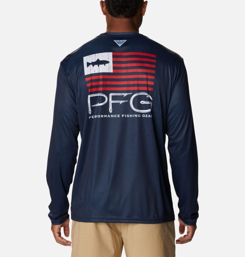 Navy Men's Columbia PFG Terminal Tackle Fish Star Long Sleeve T-Shirt | WKAZM-5290