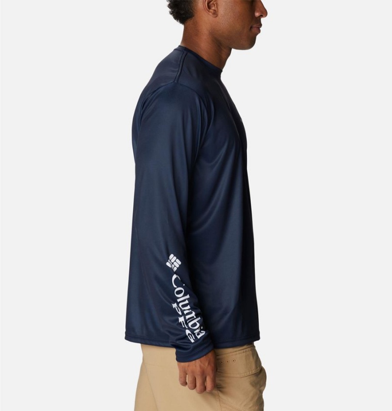 Navy Men's Columbia PFG Terminal Tackle Fish Star Long Sleeve T-Shirt | WKAZM-5290