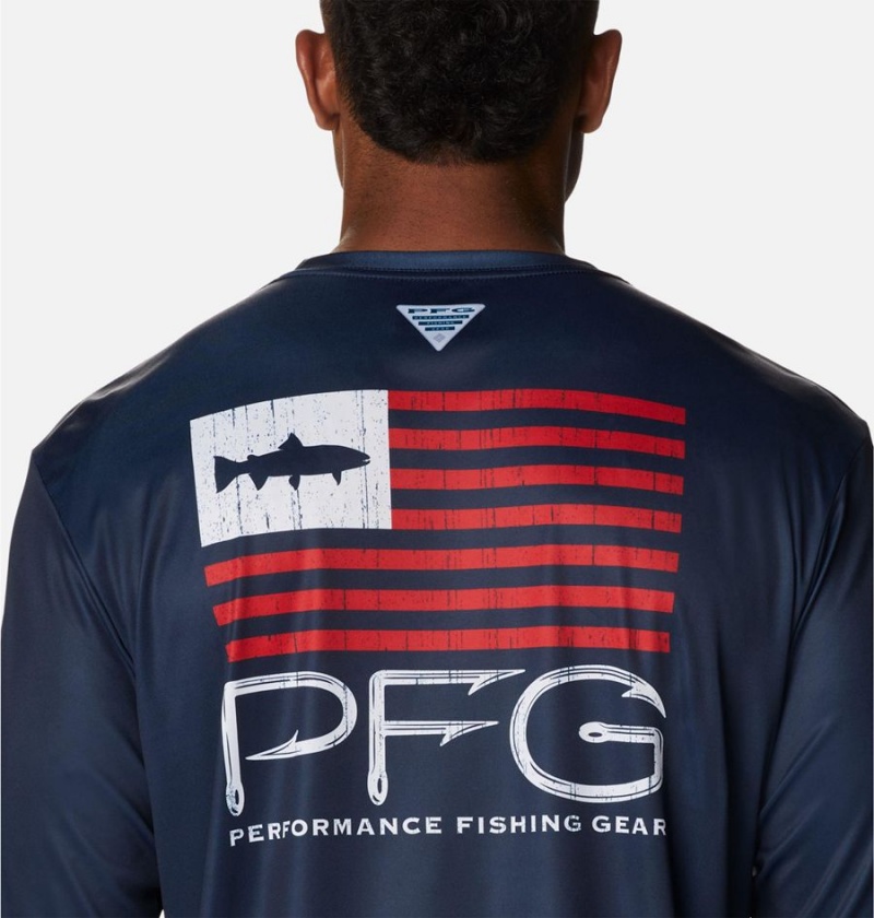 Navy Men's Columbia PFG Terminal Tackle Fish Star Long Sleeve T-Shirt | WKAZM-5290