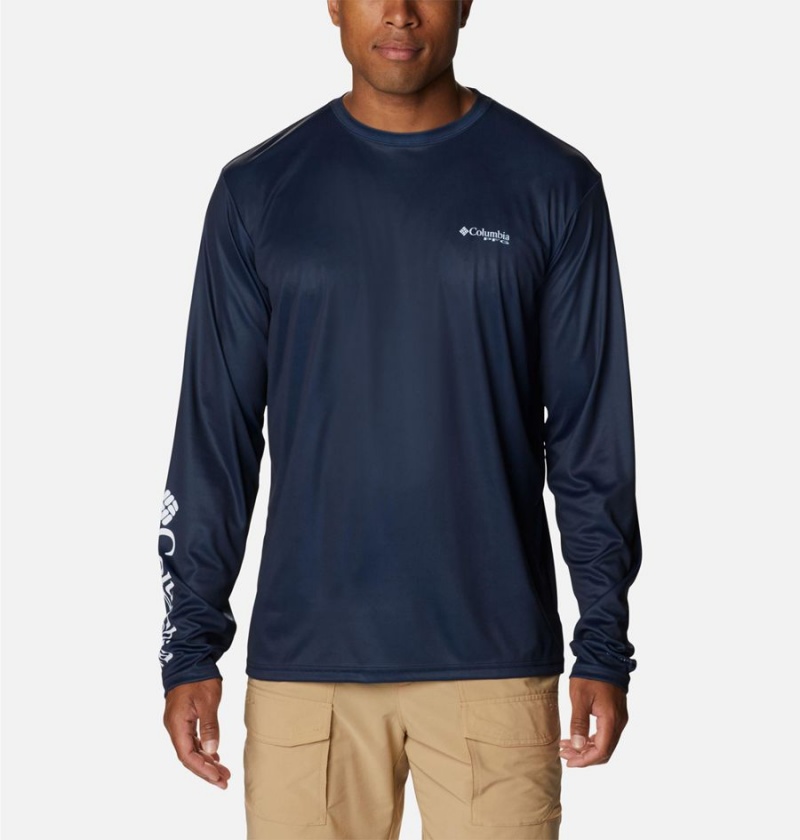 Navy Men\'s Columbia PFG Terminal Tackle Fish Star Long Sleeve T-Shirt | WKAZM-5290