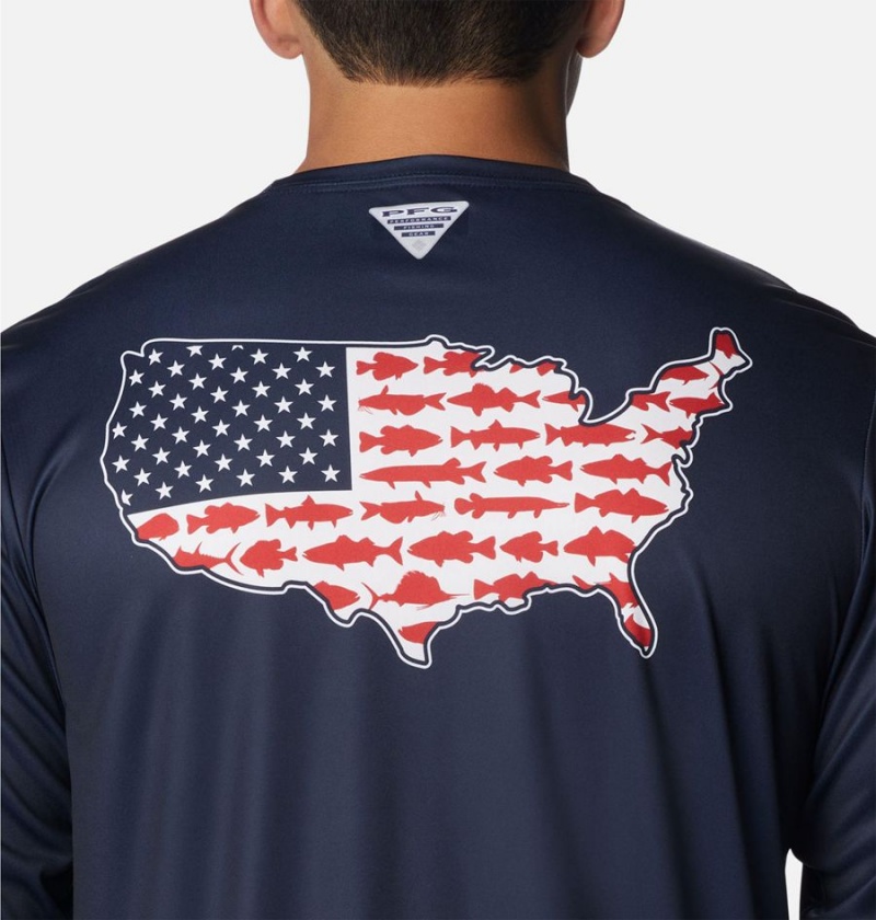 Navy Men's Columbia PFG Terminal Tackle Statetriot Long Sleeve T-Shirt | CDRGE-1643