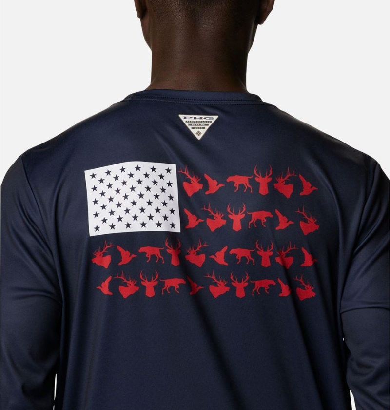 Navy Men's Columbia PHG Terminal Shot Game Flag Long Sleeve T-Shirt | RLPKN-7036