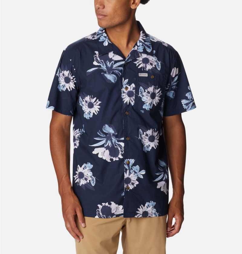 Navy Men\'s Columbia Pine Canyon Short Sleeve Shirt | ZSOWU-3201