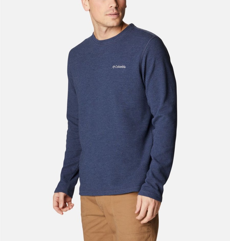 Navy Men's Columbia Pine Peak II Waffle Long Sleeve Crew T-Shirt | YWJVN-3792