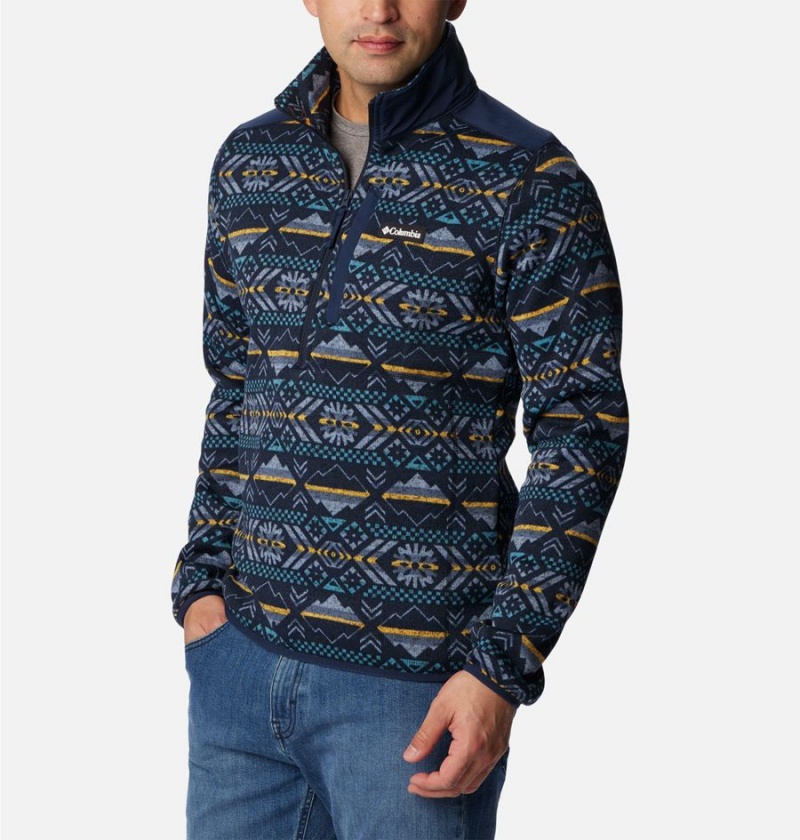 Navy Men's Columbia Sweater Weather II Printed Fleece Half Zip Pullover | KGRPQ-8719