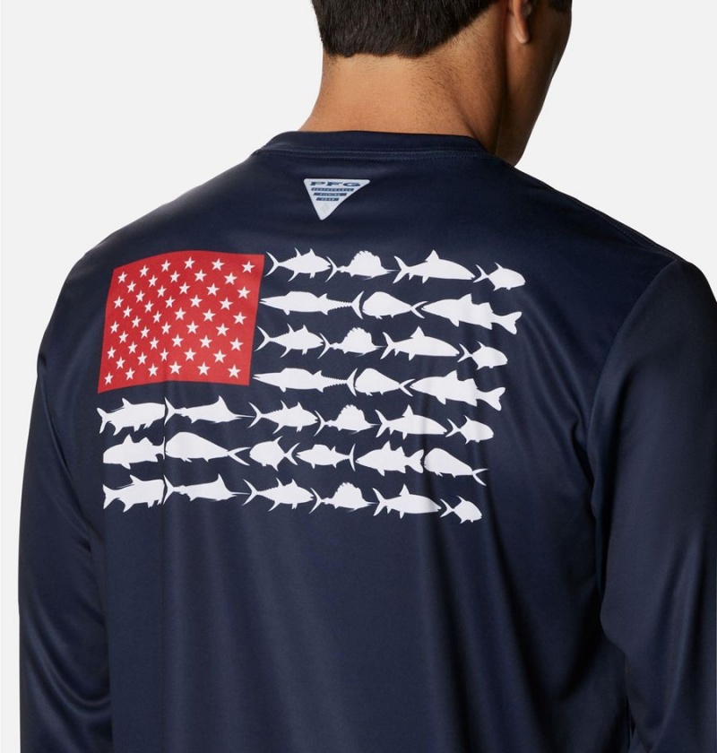 Navy Men's Columbia Terminal Tackle PFG Fish Flag Long Sleeve T-Shirt | OVXEG-9867