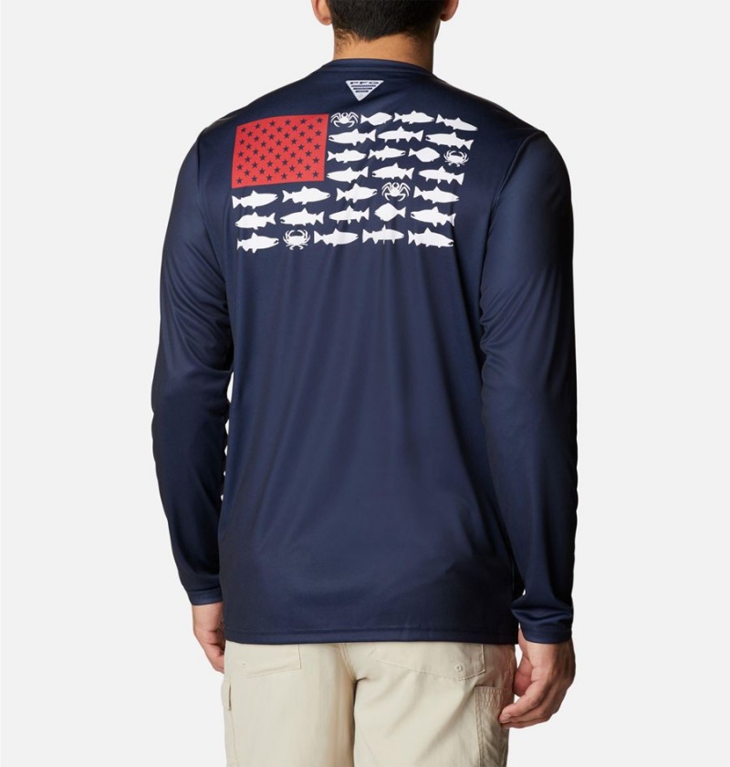 Navy Men's Columbia Terminal Tackle PFG Fish Flag Long Sleeve T-Shirt | IZSFN-4390