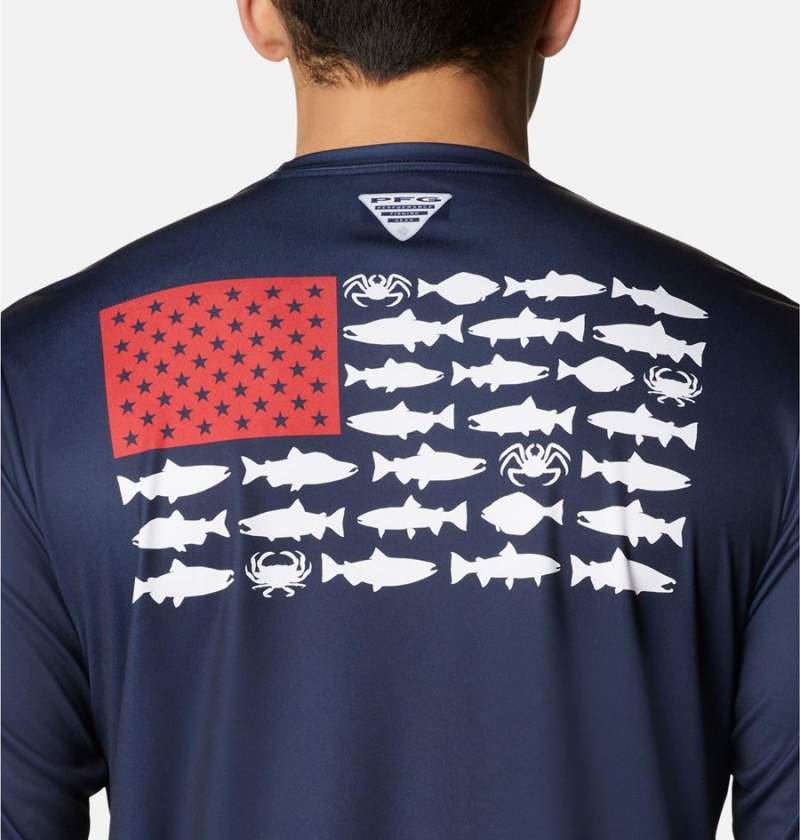 Navy Men's Columbia Terminal Tackle PFG Fish Flag Long Sleeve T-Shirt | IZSFN-4390