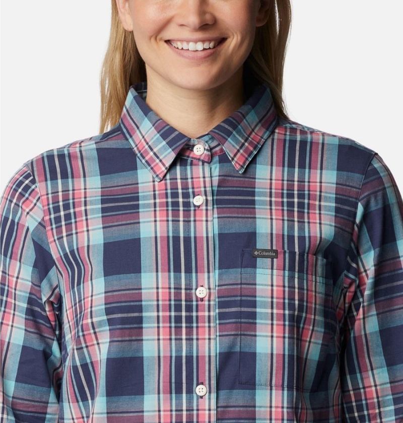 Navy Women's Columbia Anytime Patterned Long Sleeve Shirt | MLWPR-0456