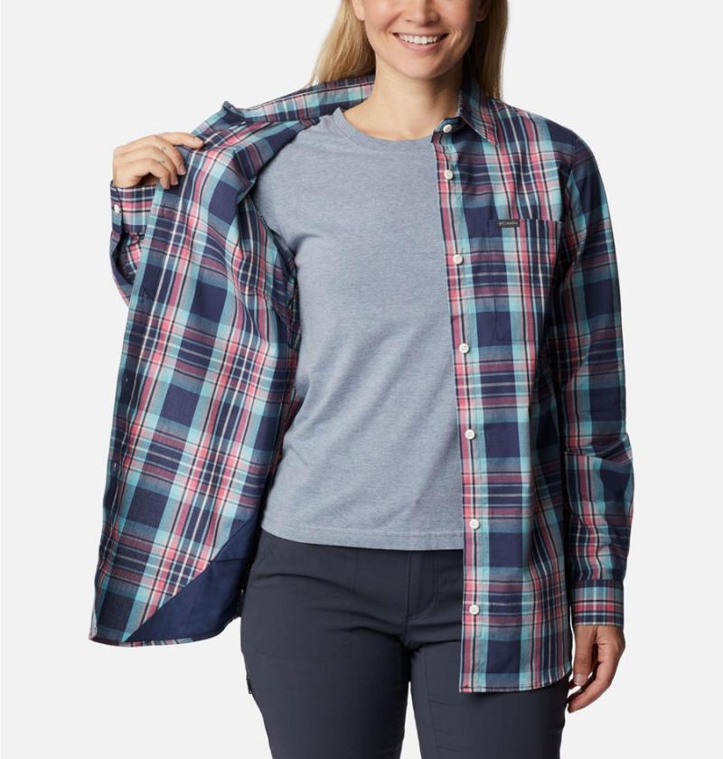 Navy Women's Columbia Anytime Patterned Long Sleeve Shirt | MLWPR-0456