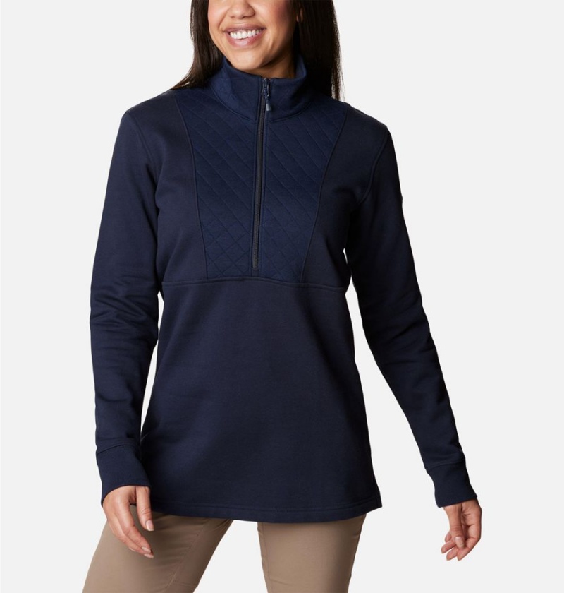 Navy Women's Columbia Lodge Quilted Quarter Zip Tunic Pullover | TYHKV-5930