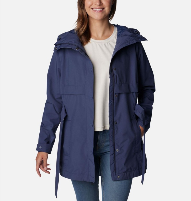 Navy Women's Columbia Long Valley Trench II Rain Jacket | NFSWO-7038