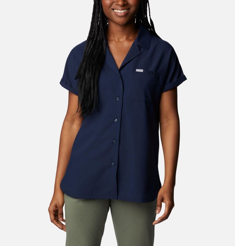 Navy Women\'s Columbia PFG Sun Drifter Woven Short Sleeve Shirt | JRQMK-7019