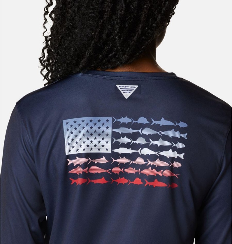 Navy Women's Columbia Tidal PFG Fish Flag Long Sleeve T-Shirt | NDZGF-2841