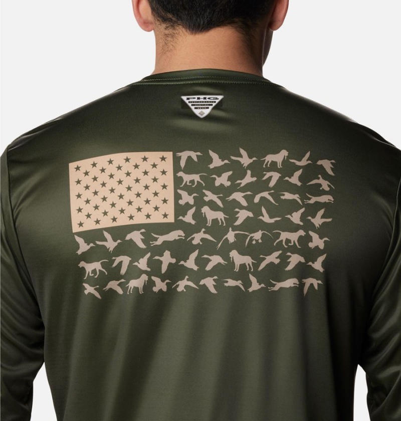 Olive Men's Columbia PHG Terminal Shot Game Flag Long Sleeve T-Shirt | MERPH-9734