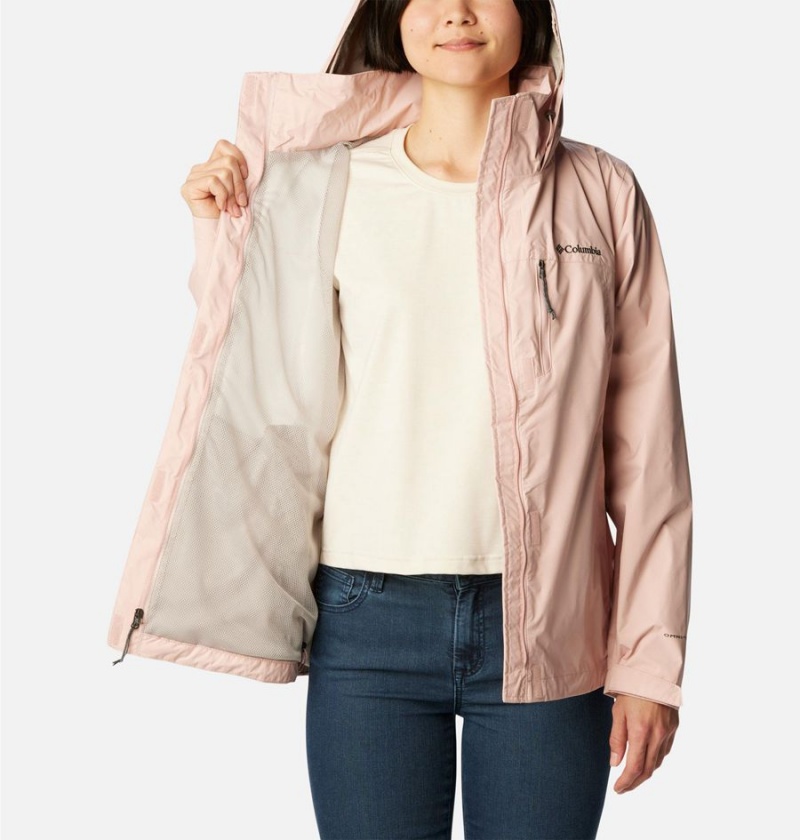 Pink Women's Columbia Pouration Rain Jacket | VDTWH-6835