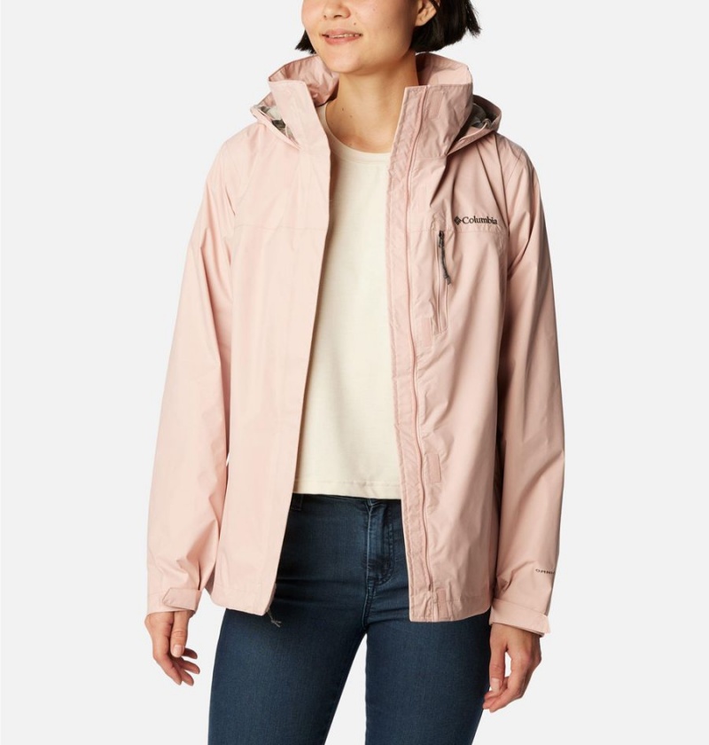 Pink Women's Columbia Pouration Rain Jacket | VDTWH-6835