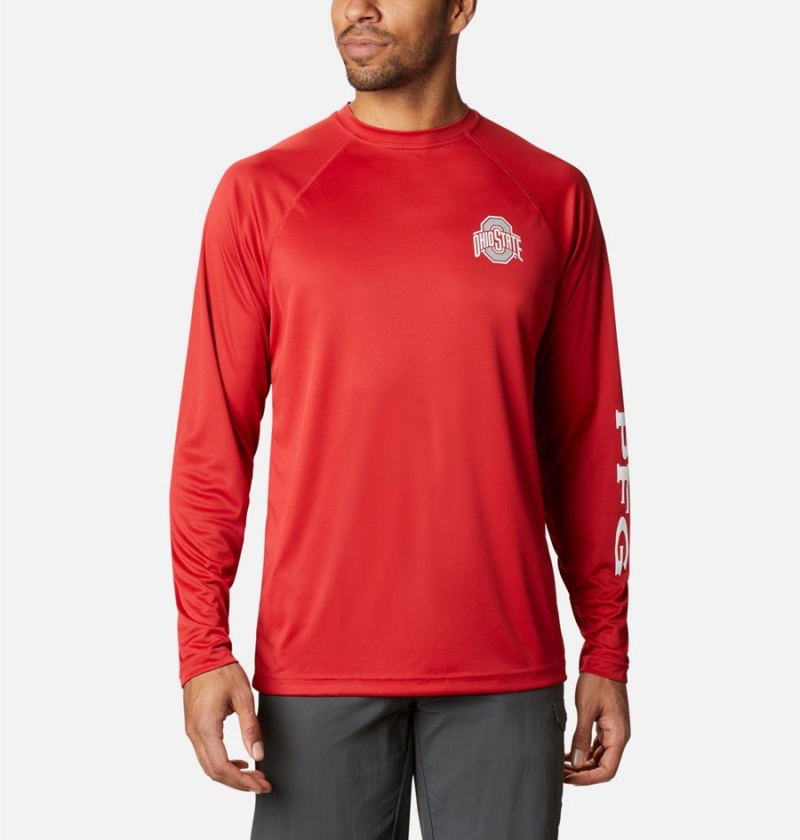 Red Men\'s Columbia Collegiate PFG Terminal Tackle Long Sleeve - Ohio State T-Shirt | WYHPB-3790