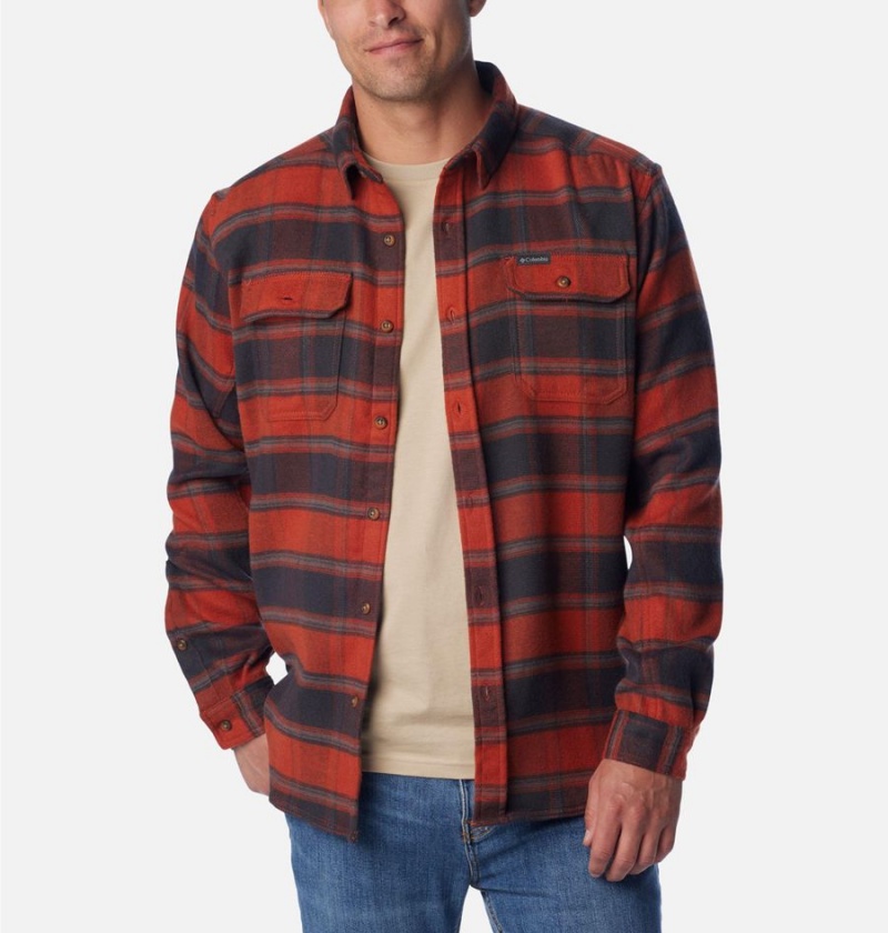 Red Men's Columbia Deschutes River Heavyweight Flannel Shirt | HXOMS-0163