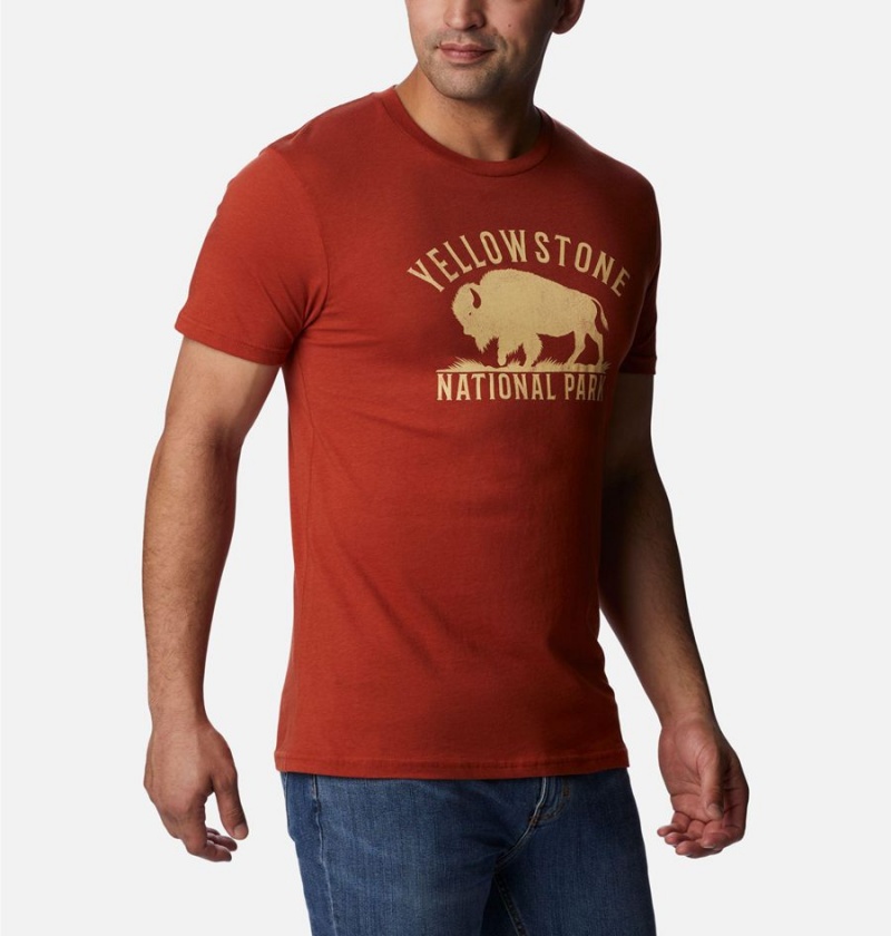 Red Men's Columbia NP Yellowstone Graphic T-Shirt | IBVJX-6185