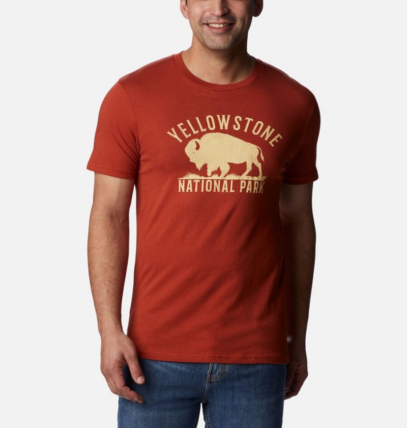 Red Men\'s Columbia NP Yellowstone Graphic T-Shirt | IBVJX-6185