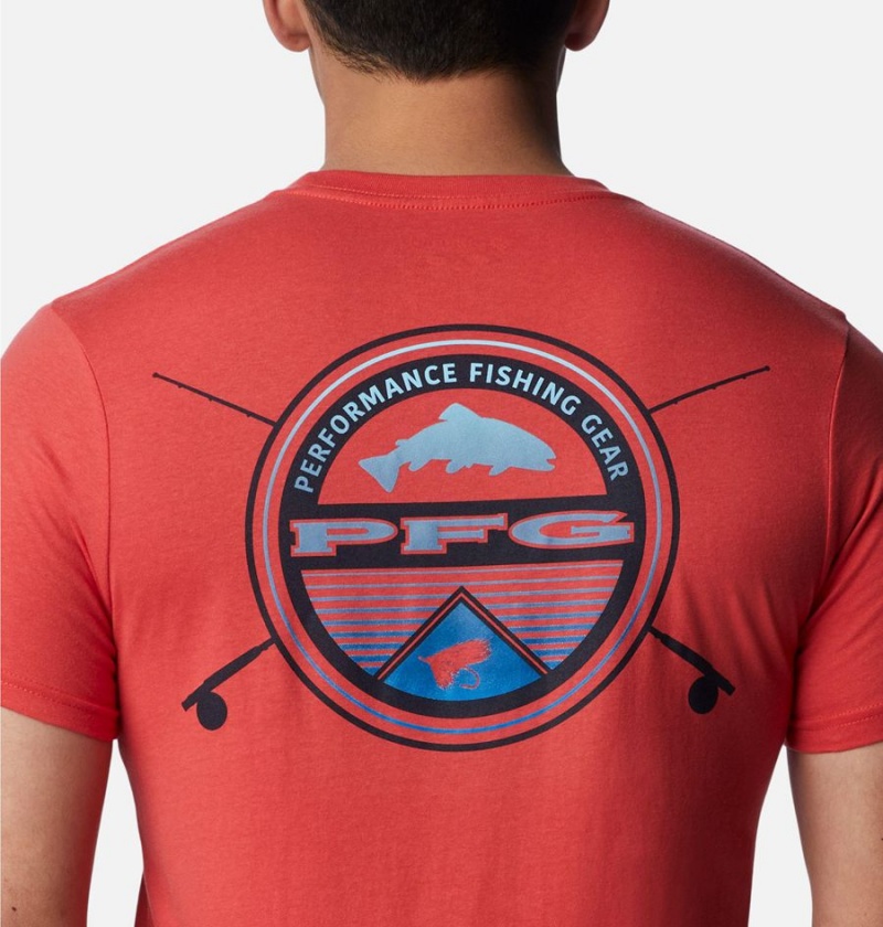 Red Men's Columbia PFG Gharet Graphic T-Shirt | CEZLR-4703