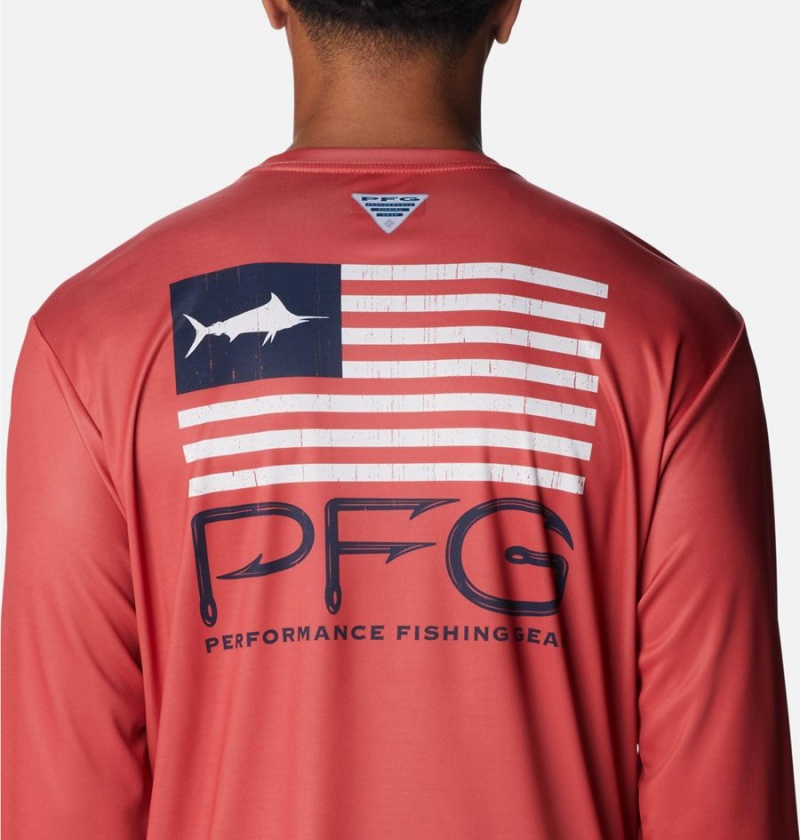 Red Men's Columbia PFG Terminal Tackle Fish Star Long Sleeve T-Shirt | DZOEK-6937