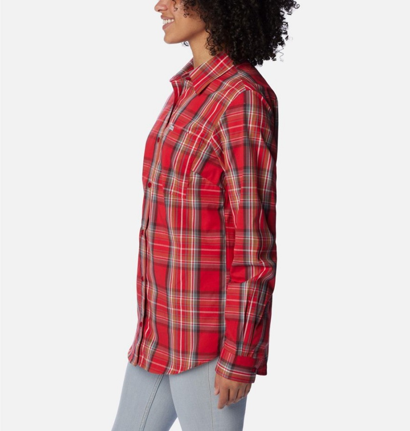 Red Women's Columbia Anytime Patterned Long Sleeve Shirt | FDQRX-4586