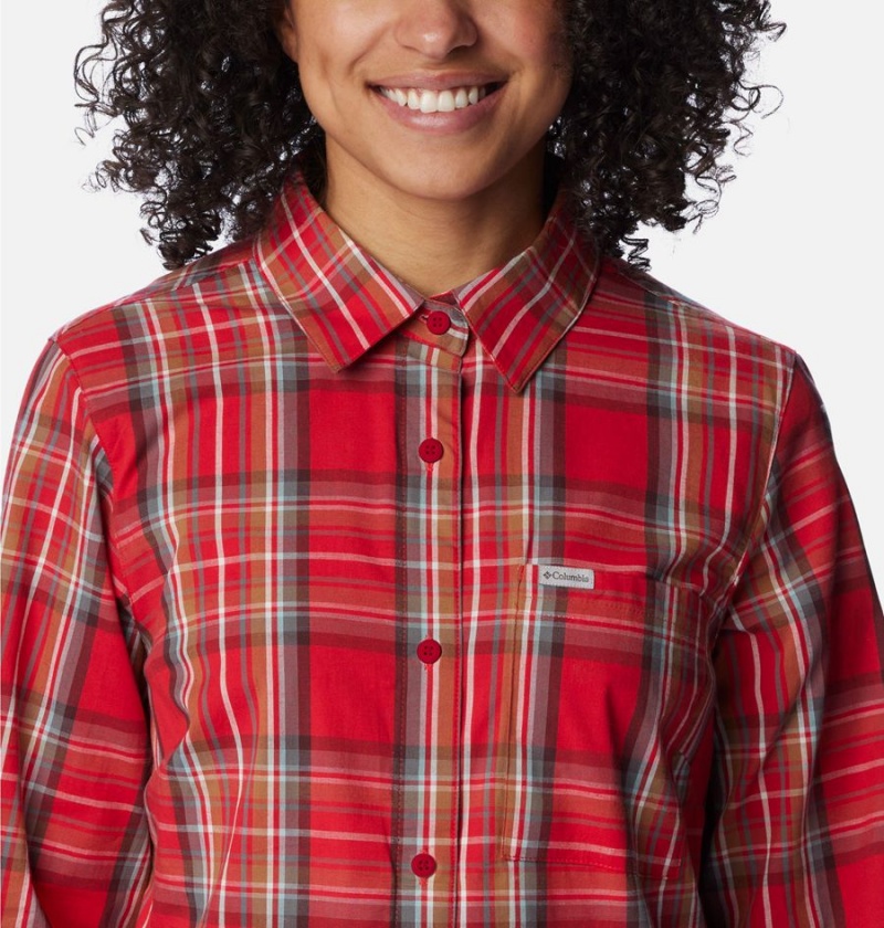 Red Women's Columbia Anytime Patterned Long Sleeve Shirt | FDQRX-4586